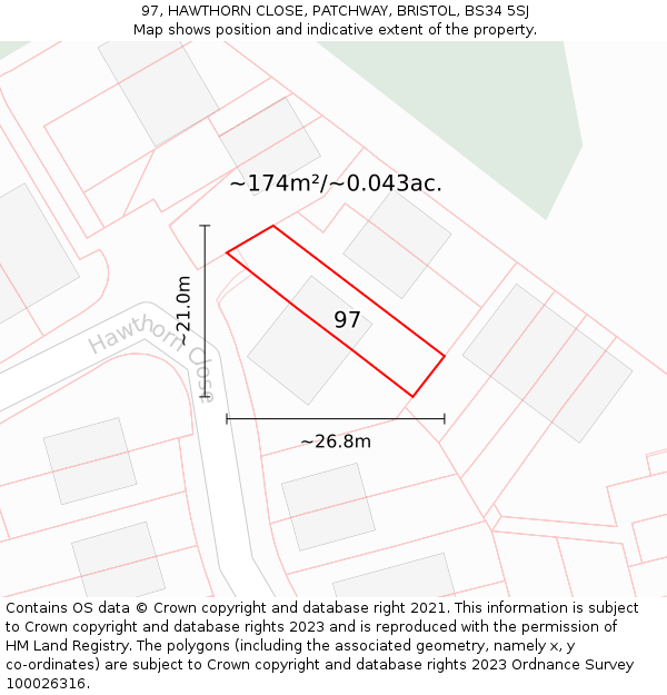 97, HAWTHORN CLOSE, PATCHWAY, BRISTOL, BS34 5SJ: Plot and title map