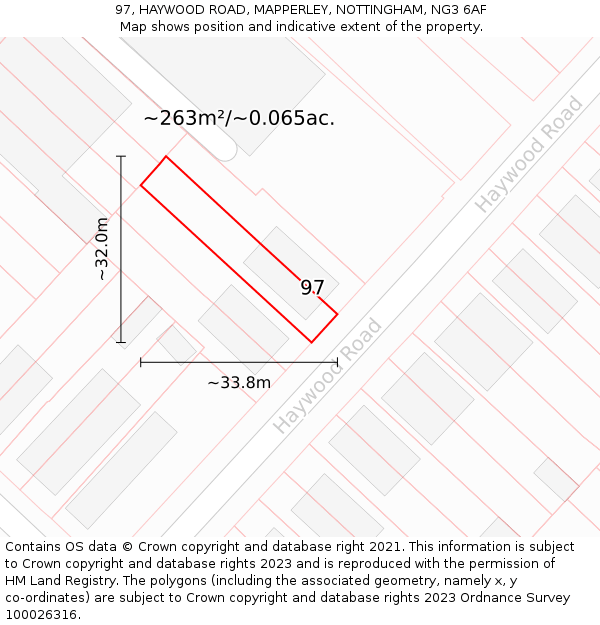 97, HAYWOOD ROAD, MAPPERLEY, NOTTINGHAM, NG3 6AF: Plot and title map