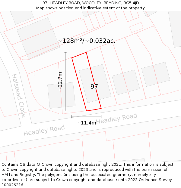 97, HEADLEY ROAD, WOODLEY, READING, RG5 4JD: Plot and title map