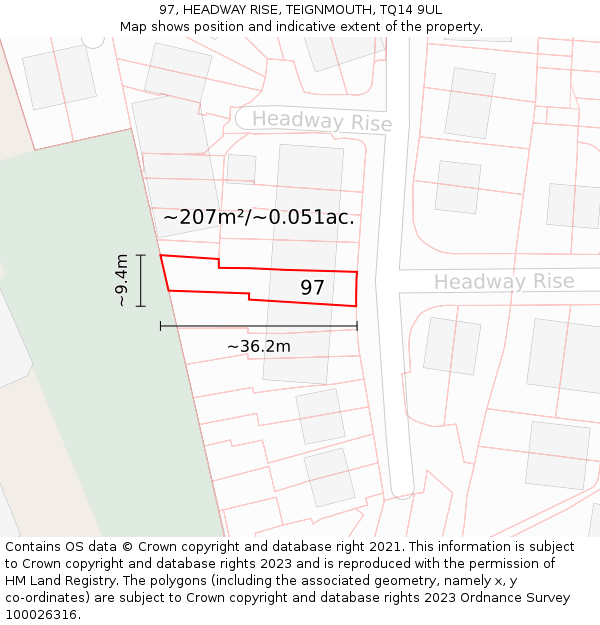 97, HEADWAY RISE, TEIGNMOUTH, TQ14 9UL: Plot and title map