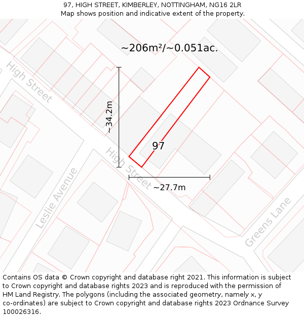 97, HIGH STREET, KIMBERLEY, NOTTINGHAM, NG16 2LR: Plot and title map