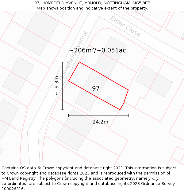 97, HOMEFIELD AVENUE, ARNOLD, NOTTINGHAM, NG5 8FZ: Plot and title map