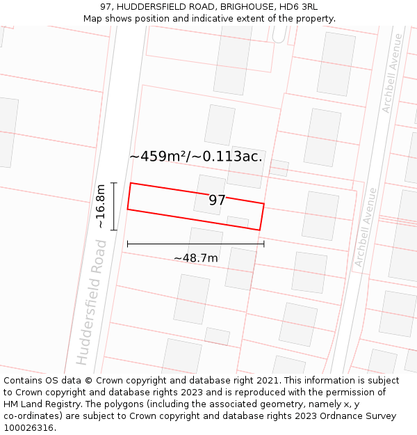 97, HUDDERSFIELD ROAD, BRIGHOUSE, HD6 3RL: Plot and title map