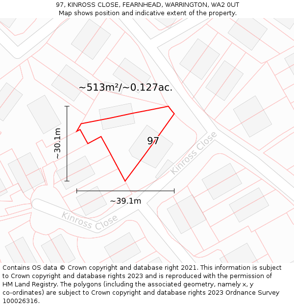 97, KINROSS CLOSE, FEARNHEAD, WARRINGTON, WA2 0UT: Plot and title map