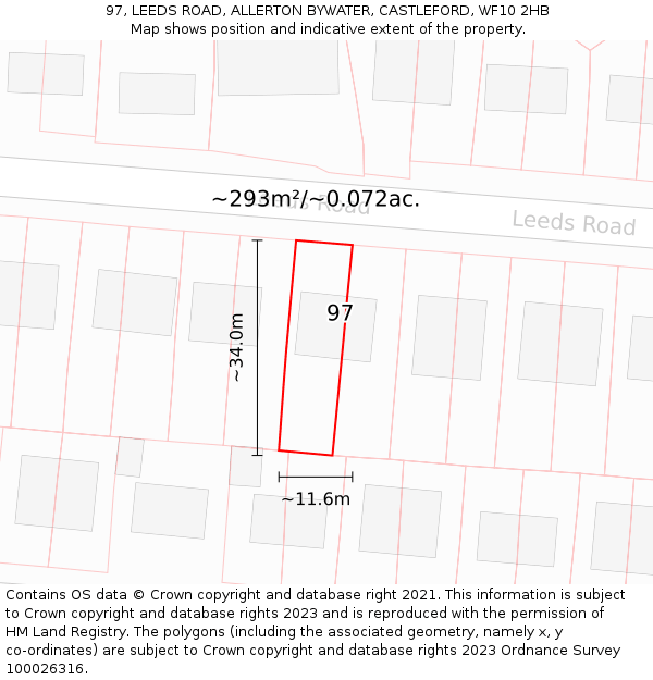 97, LEEDS ROAD, ALLERTON BYWATER, CASTLEFORD, WF10 2HB: Plot and title map