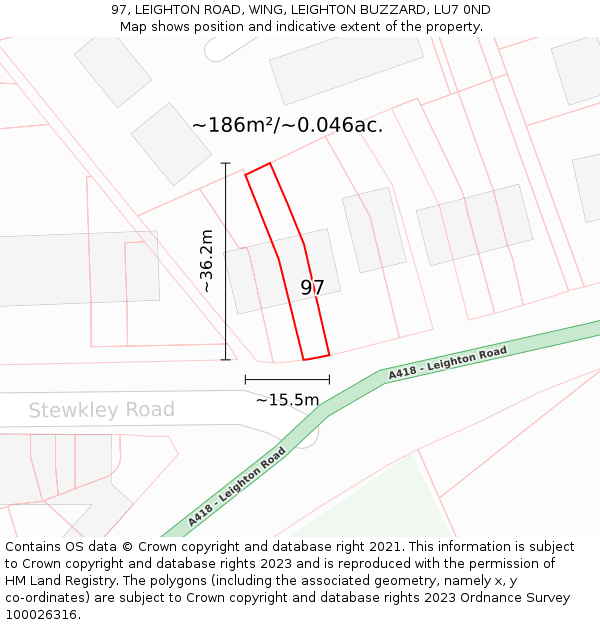 97, LEIGHTON ROAD, WING, LEIGHTON BUZZARD, LU7 0ND: Plot and title map