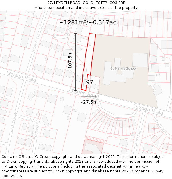 97, LEXDEN ROAD, COLCHESTER, CO3 3RB: Plot and title map