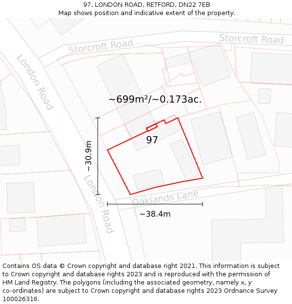 97, LONDON ROAD, RETFORD, DN22 7EB: Plot and title map