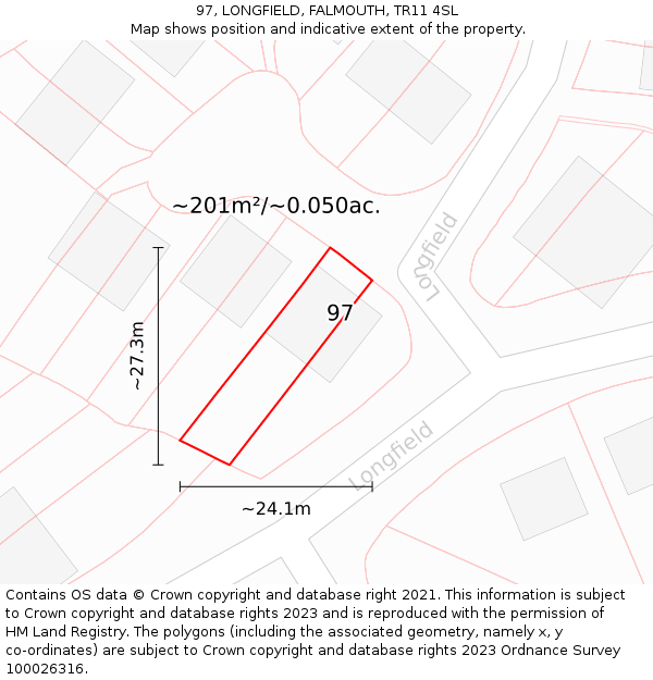 97, LONGFIELD, FALMOUTH, TR11 4SL: Plot and title map