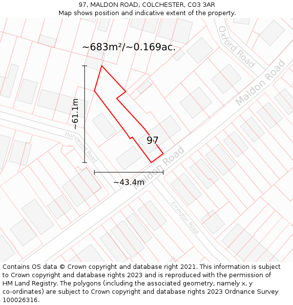 97, MALDON ROAD, COLCHESTER, CO3 3AR: Plot and title map