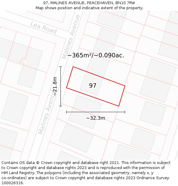 97, MALINES AVENUE, PEACEHAVEN, BN10 7RW: Plot and title map