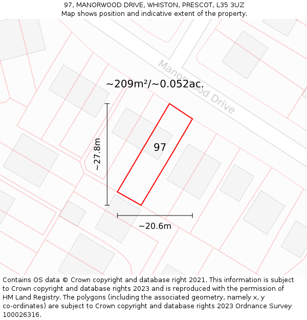 97, MANORWOOD DRIVE, WHISTON, PRESCOT, L35 3UZ: Plot and title map