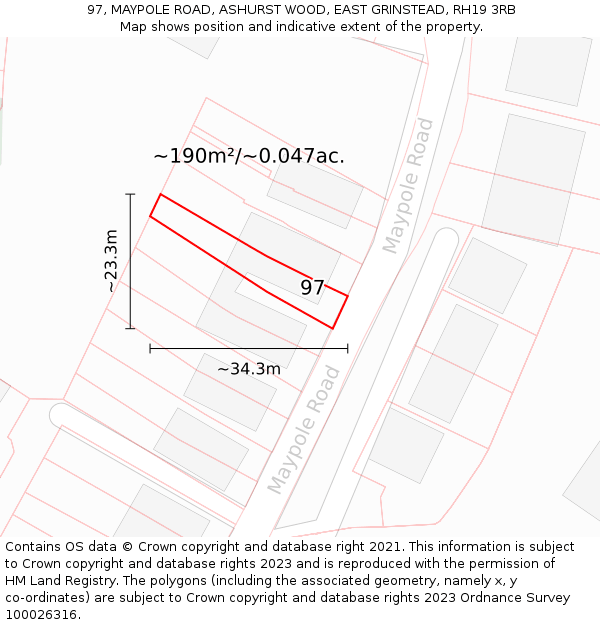 97, MAYPOLE ROAD, ASHURST WOOD, EAST GRINSTEAD, RH19 3RB: Plot and title map