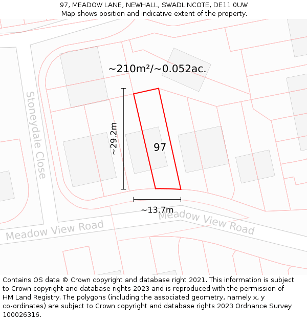 97, MEADOW LANE, NEWHALL, SWADLINCOTE, DE11 0UW: Plot and title map