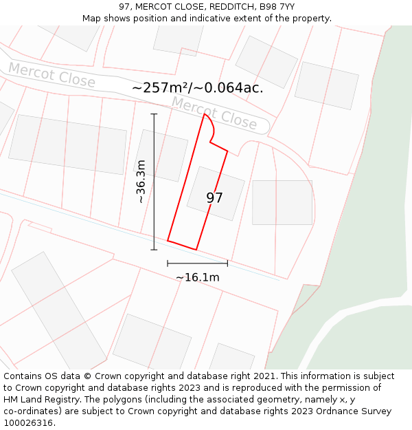 97, MERCOT CLOSE, REDDITCH, B98 7YY: Plot and title map
