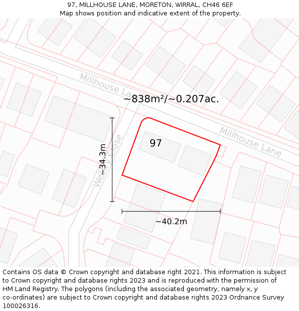 97, MILLHOUSE LANE, MORETON, WIRRAL, CH46 6EF: Plot and title map