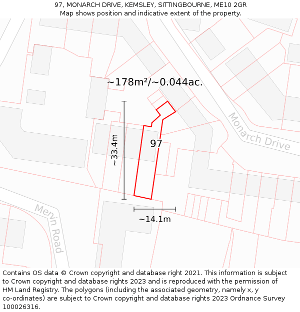 97, MONARCH DRIVE, KEMSLEY, SITTINGBOURNE, ME10 2GR: Plot and title map