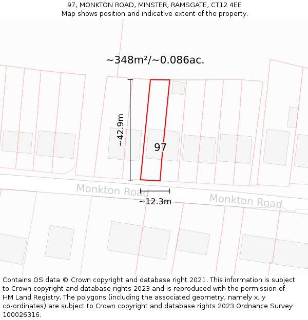 97, MONKTON ROAD, MINSTER, RAMSGATE, CT12 4EE: Plot and title map