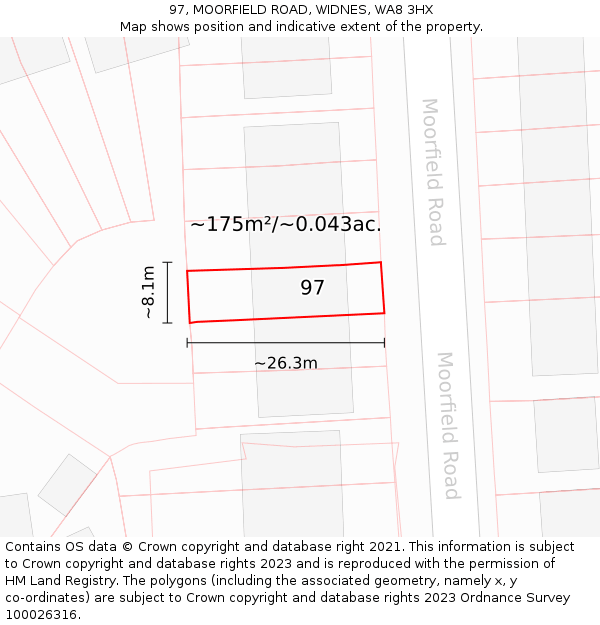 97, MOORFIELD ROAD, WIDNES, WA8 3HX: Plot and title map