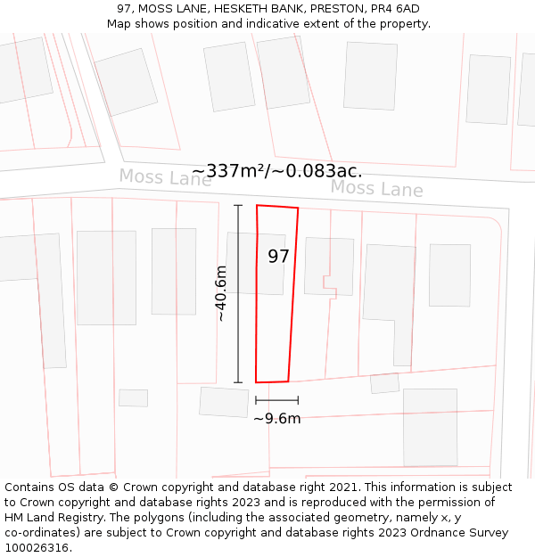 97, MOSS LANE, HESKETH BANK, PRESTON, PR4 6AD: Plot and title map