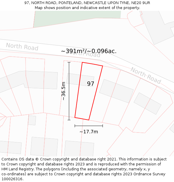 97, NORTH ROAD, PONTELAND, NEWCASTLE UPON TYNE, NE20 9UR: Plot and title map