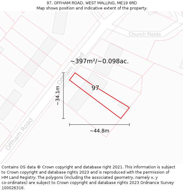 97, OFFHAM ROAD, WEST MALLING, ME19 6RD: Plot and title map