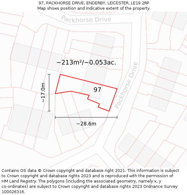 97, PACKHORSE DRIVE, ENDERBY, LEICESTER, LE19 2RP: Plot and title map