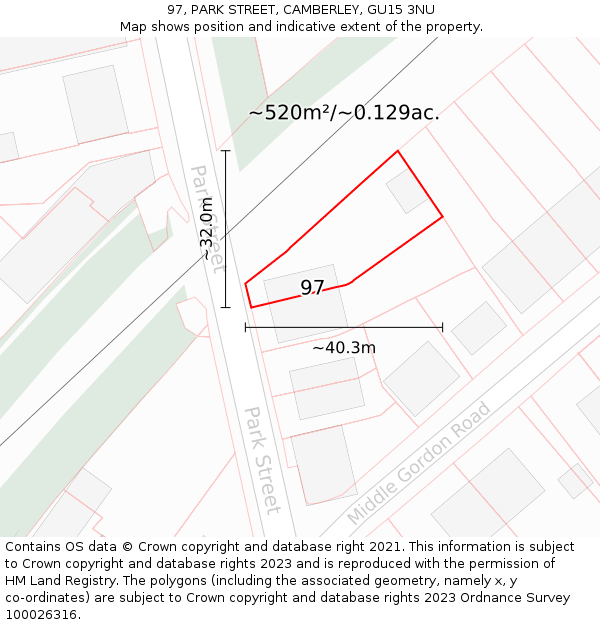 97, PARK STREET, CAMBERLEY, GU15 3NU: Plot and title map