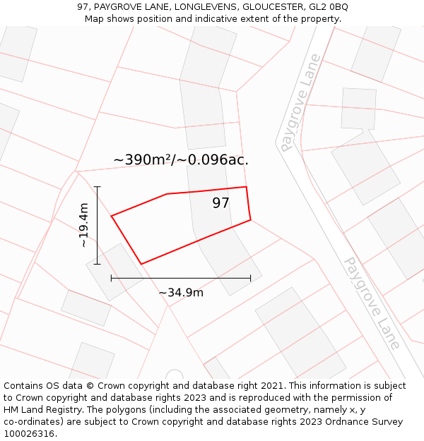 97, PAYGROVE LANE, LONGLEVENS, GLOUCESTER, GL2 0BQ: Plot and title map