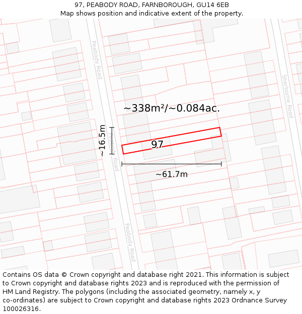 97, PEABODY ROAD, FARNBOROUGH, GU14 6EB: Plot and title map