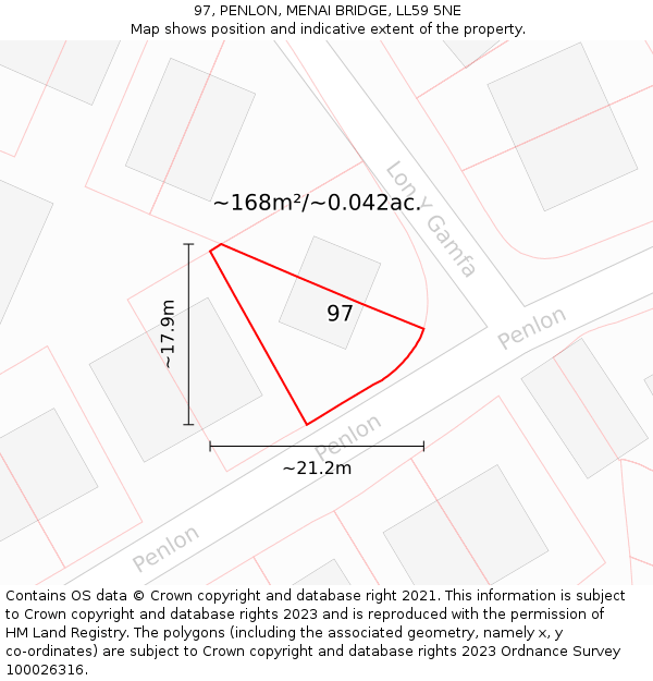 97, PENLON, MENAI BRIDGE, LL59 5NE: Plot and title map