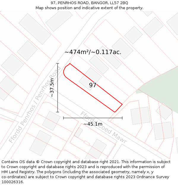 97, PENRHOS ROAD, BANGOR, LL57 2BQ: Plot and title map