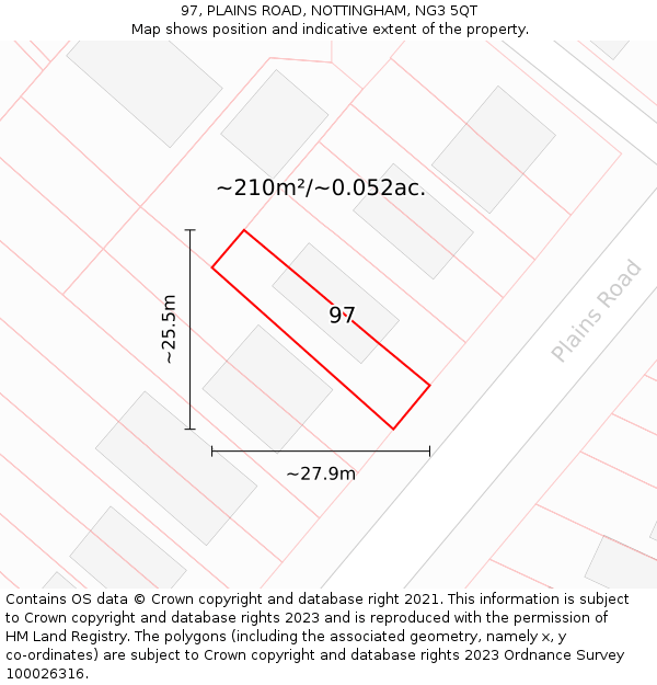 97, PLAINS ROAD, NOTTINGHAM, NG3 5QT: Plot and title map