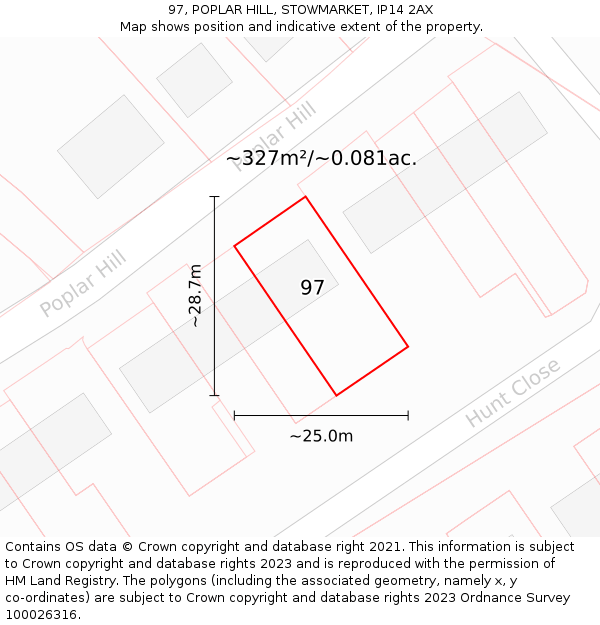 97, POPLAR HILL, STOWMARKET, IP14 2AX: Plot and title map