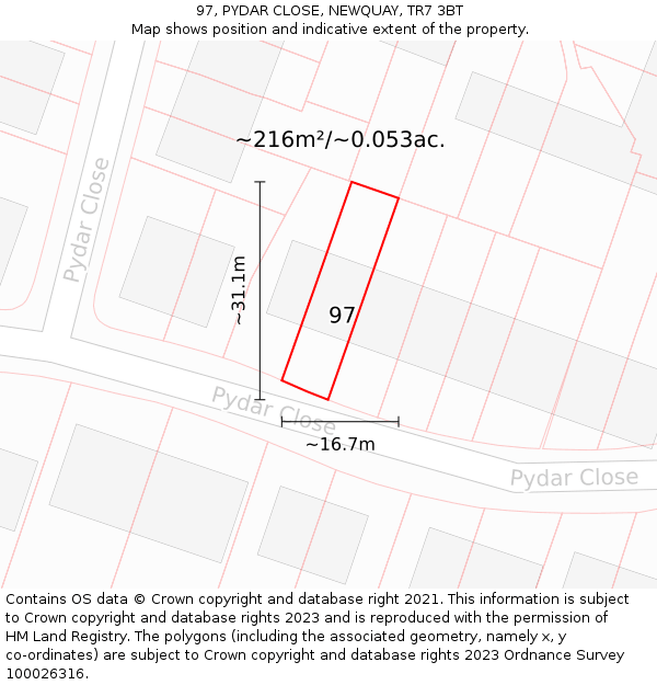 97, PYDAR CLOSE, NEWQUAY, TR7 3BT: Plot and title map