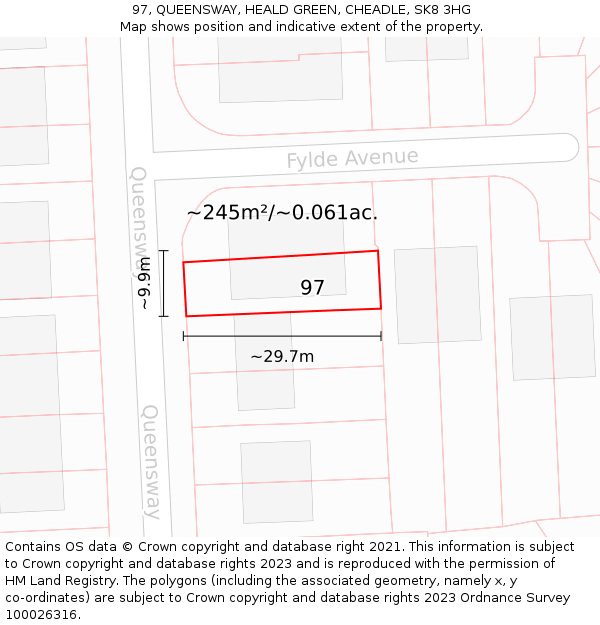 97, QUEENSWAY, HEALD GREEN, CHEADLE, SK8 3HG: Plot and title map