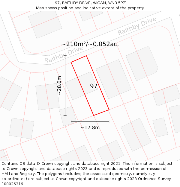 97, RAITHBY DRIVE, WIGAN, WN3 5PZ: Plot and title map
