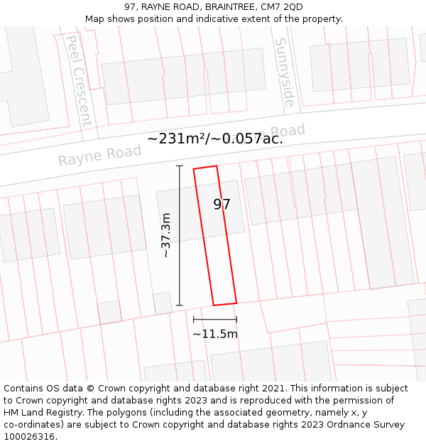 97, RAYNE ROAD, BRAINTREE, CM7 2QD: Plot and title map