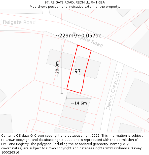 97, REIGATE ROAD, REDHILL, RH1 6BA: Plot and title map