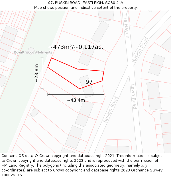 97, RUSKIN ROAD, EASTLEIGH, SO50 4LA: Plot and title map