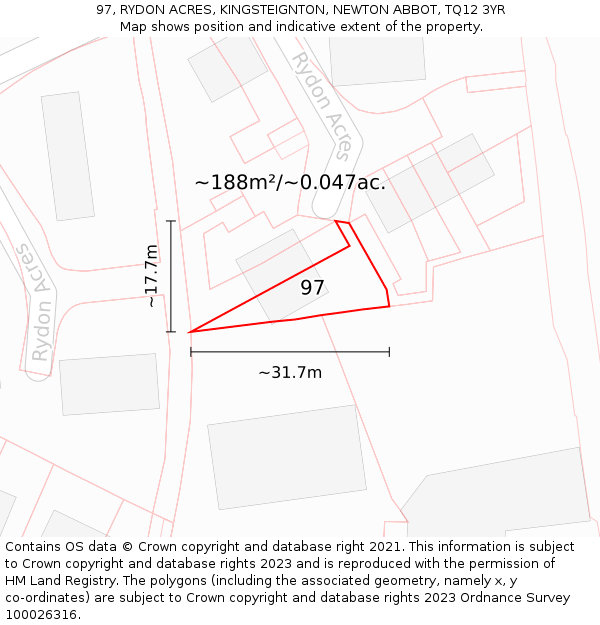 97, RYDON ACRES, KINGSTEIGNTON, NEWTON ABBOT, TQ12 3YR: Plot and title map