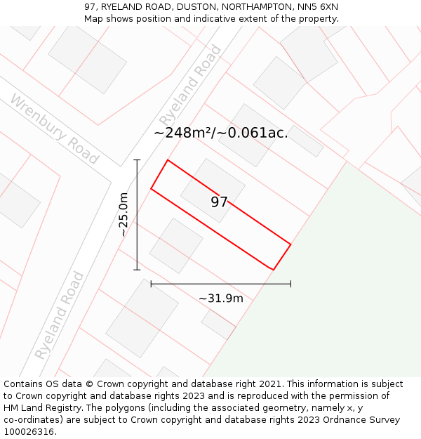 97, RYELAND ROAD, DUSTON, NORTHAMPTON, NN5 6XN: Plot and title map