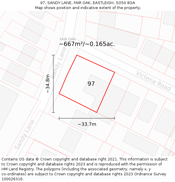 97, SANDY LANE, FAIR OAK, EASTLEIGH, SO50 8GA: Plot and title map