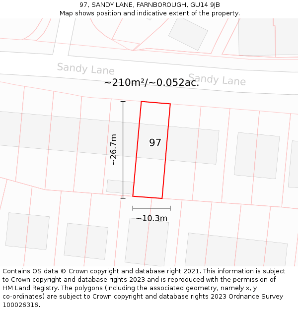 97, SANDY LANE, FARNBOROUGH, GU14 9JB: Plot and title map