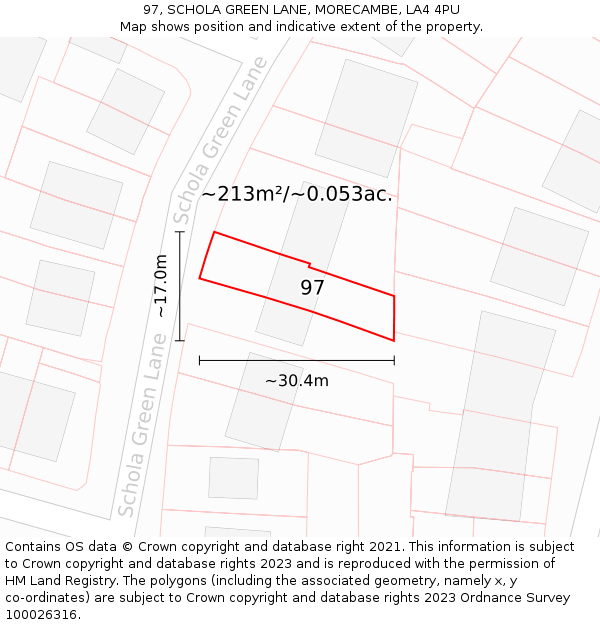 97, SCHOLA GREEN LANE, MORECAMBE, LA4 4PU: Plot and title map