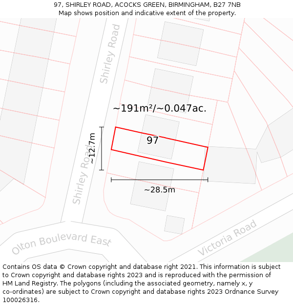 97, SHIRLEY ROAD, ACOCKS GREEN, BIRMINGHAM, B27 7NB: Plot and title map