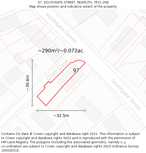 97, SOUTHGATE STREET, REDRUTH, TR15 2NE: Plot and title map