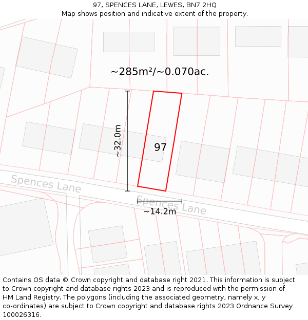 97, SPENCES LANE, LEWES, BN7 2HQ: Plot and title map