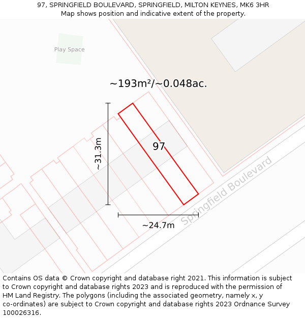 97, SPRINGFIELD BOULEVARD, SPRINGFIELD, MILTON KEYNES, MK6 3HR: Plot and title map