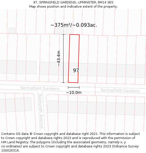 97, SPRINGFIELD GARDENS, UPMINSTER, RM14 3ES: Plot and title map